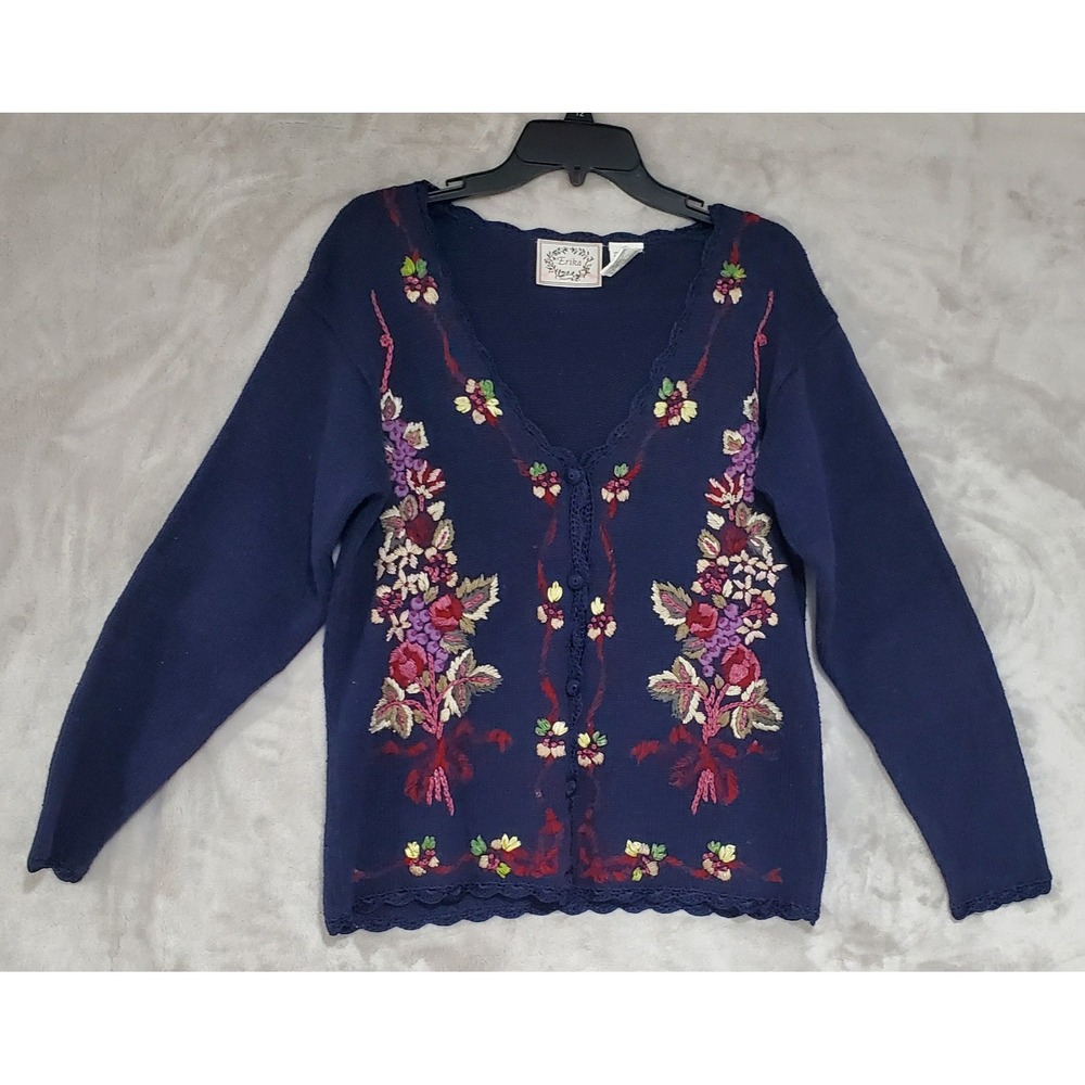 Vtg Erika Cardigan Sweater Womens M Navy Blue Floral Embroidered Buttons EUC